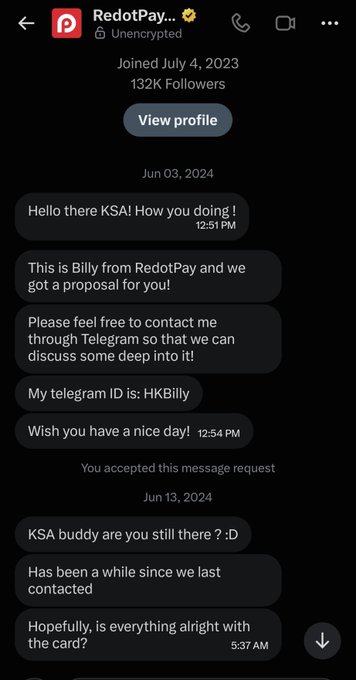 A Telegram message from RedotPay user 'Billy' (Joined July 4, 2023, 132K Followers) initiating contact on June 3, 2024, inviting KSA to discuss a proposal on Telegram at ID 'HKBilly', followed by a follow-up message on June 13.