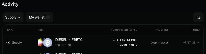A cryptocurrency activity panel showing a Supply transaction for the DIESEL - FRBTC pair involving 1.50K DIESEL and 1.00 FRBTC tokens.