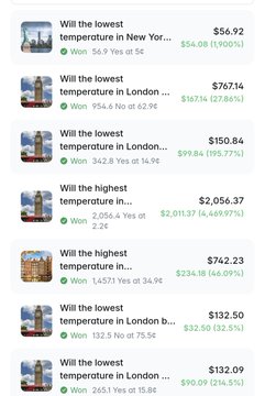 A list of Kalshi prediction market bets showing various weather-related questions about lowest and highest temperatures in New York and London, with prices and payout amounts ranging from $54.08 to $2,056.37.