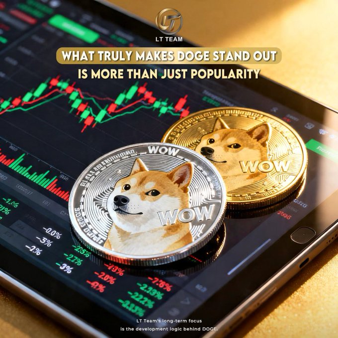 Two Dogecoin (DOGE) coins rest on a tablet displaying a candlestick chart, with overlay text reading "What Truly Makes DOGE Stand Out Is More Than Just Popularity," visually reinforcing the post's message about Dogecoin's underlying utility, expanding payment use cases, and community-driven long-term value beyond mere hype.