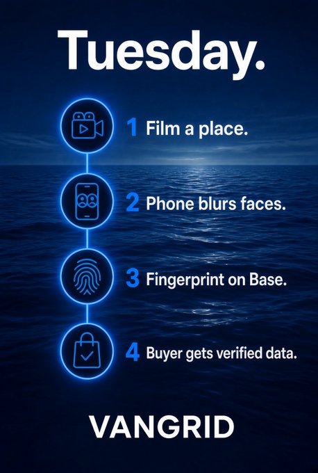 An infographic titled 'Tuesday.' for VANGRID, showing a four-step vertical process: 1. Film a place, 2. Phone blurs faces, 3. Fingerprint on Base, 4. Buyer gets verified data, against an ocean background.