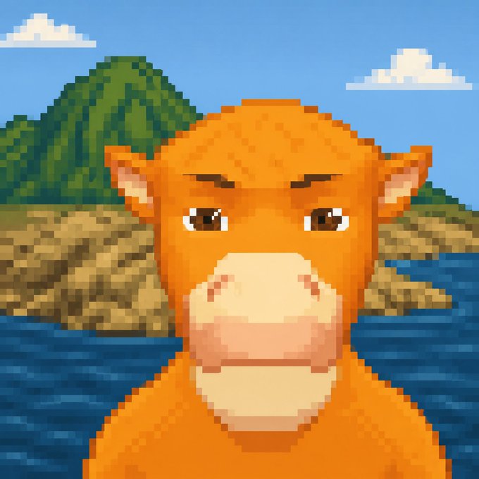 A retro pixel art style portrait of an orange monkey or ape with a serious expression, set against a blocky landscape of green mountains, brown terrain, and blue water.