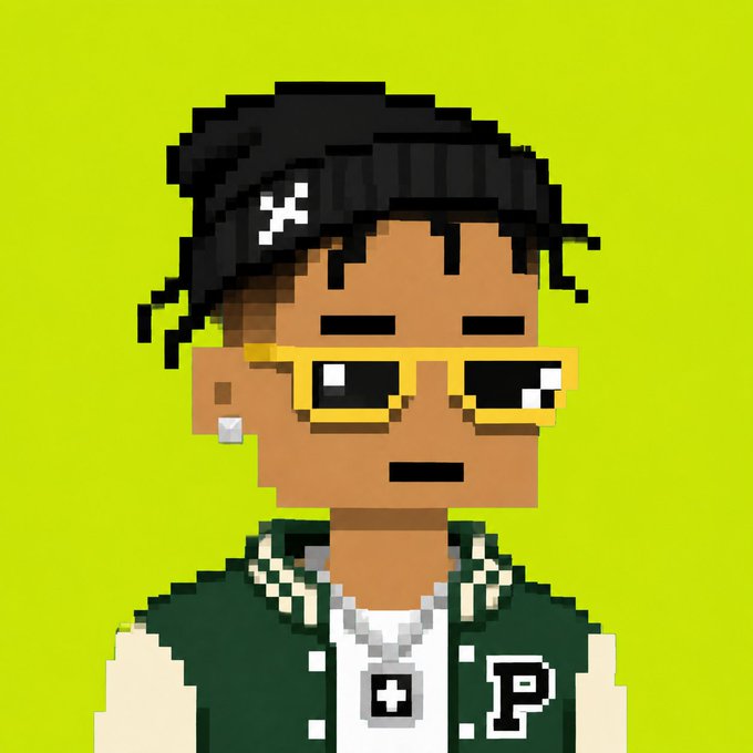 A pixel art avatar of a person with black hair, yellow-framed sunglasses, a checkered collar, and a green "P" letterman jacket, set against a bright yellow background. The image serves as a profile picture for one of the NFT collections mentioned in the tweet, likely representing the giveaway account offering free mints to holders of listed collections.
