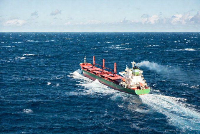 A green and red bulk carrier ship sails through deep blue ocean waters under a partly cloudy sky.