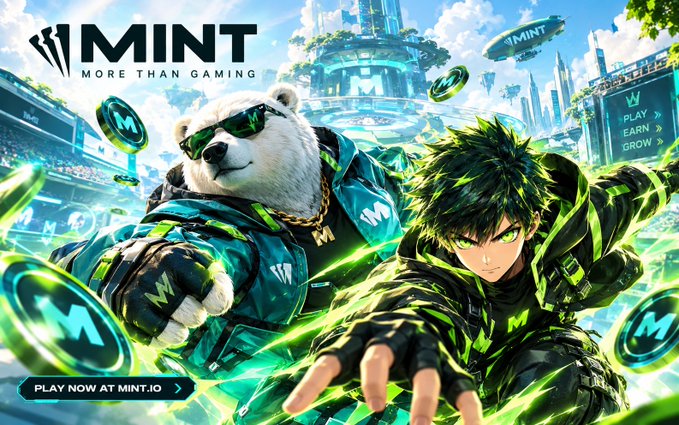 A promotional image for MINT with the tagline 'MORE THAN GAMING', showing an anime-style character and a polar bear wearing sunglasses, set against a futuristic city backdrop, with 'PLAY NOW AT MINT.IO' at the bottom.