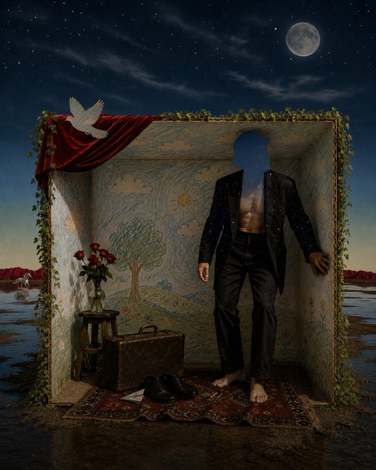 A surreal digital artwork titled "Out of the Box" depicts a headless figure in a star-studded suit emerging from an ornate, childlike diorama set against a moonlit night sky, with discarded shoes, a suitcase, roses, and a flying dove arranged around the scene—visually interpreting the post's theme of stepping beyond one's confines, now available on SuperRare.