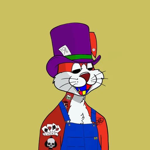 A cartoon illustration of a cat with a white face and red body, wearing a purple top hat with a '10/6' ticket, and blue overalls with a skull and 'LUCKY' patch.