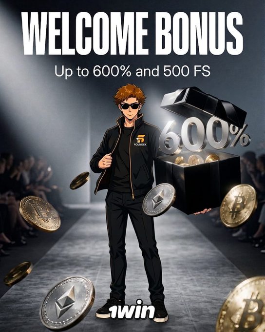 A promotional graphic reading 'WELCOME BONUS Up to 600% and 500 FS' featuring an anime-style character in sunglasses standing on a runway surrounded by Bitcoin and Ethereum coins, with '1win' at the bottom.