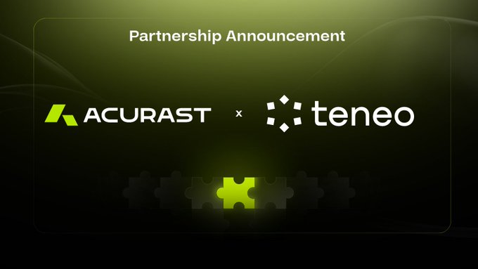 A partnership announcement graphic featuring the Acurast and Teneo logos with a glowing puzzle piece illustration, illustrating how the collaboration completes the missing piece of verifiable AI agent execution by closing the gap between on-chain identity/payments/audit and the off-chain model execution.