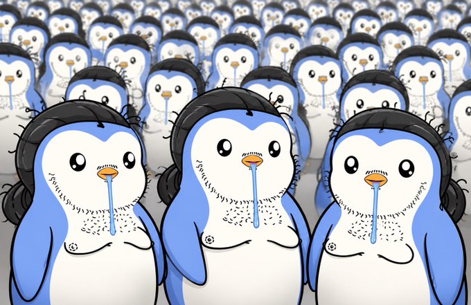 A crowd of cartoon penguins with side-ponytails and beards are shown, reminiscent of a "waits for MoonPay X faucet" context with dripping noses.