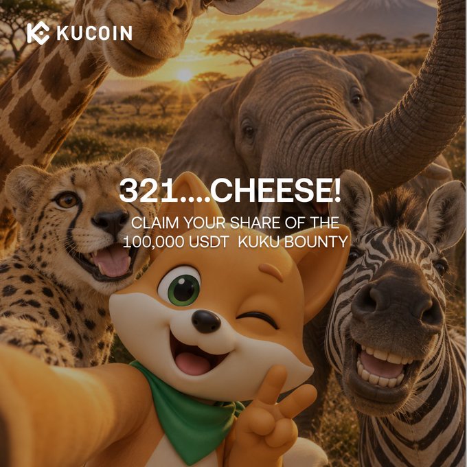 A cheerful cartoon fox mascot poses with a giraffe, elephant, cheetah, and zebra in a savanna setting, promoting a KuCoin campaign that reads "321....CHEESE! CLAIM YOUR SHARE OF THE 100,000 USDT KUKU BOUNTY." The image directly ties to the post's safari theme and KuKu Universe giveaway, encouraging users to share screenshots on X for a chance to win a share of the 1,000 USDT prize pool.