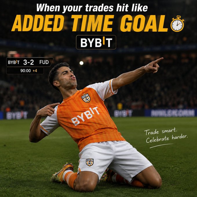 The image is a promotional meme for Bybit featuring a soccer player in an orange jersey celebrating an "added time goal" in a 3-2 match against "FUD," with the tagline "Trade smart. Celebrate harder."

It captures the post's theme of memes as trading motivation — the "added time goal" mirroring how a winning trade can come through at the last moment when you're losing hope, encouraging traders to keep holding despite the "FUD."
