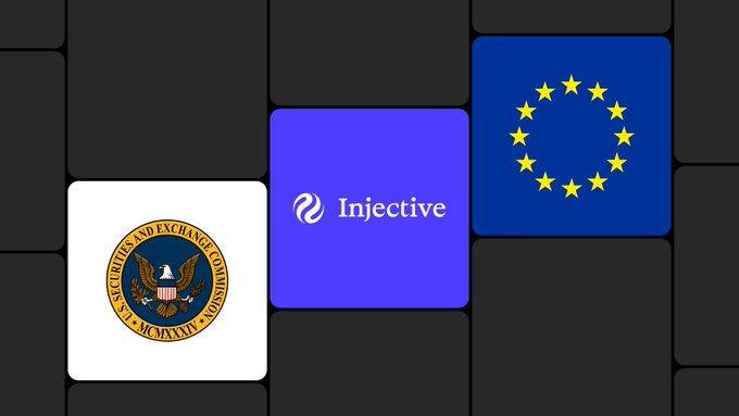A graphic showing the SEC logo, Injective logo, and EU flag arranged among dark square tiles.