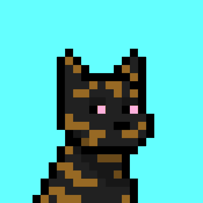 The image features a black and brown cat with pink eyes, sitting against a blue background. The cat appears to be looking directly at the camera, giving off an impression of curiosity or attentiveness. There are no other objects or texts present in the image, making it a standalone piece of art.