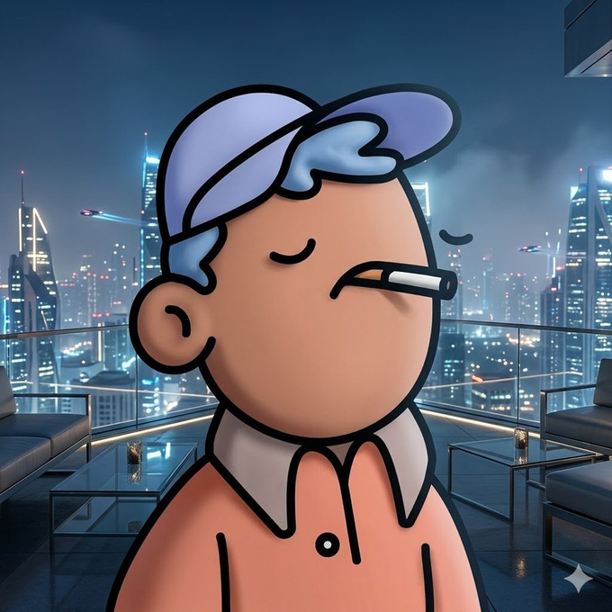 A digital cartoon illustration of a bald character wearing a light purple cap backwards and a pink collared shirt, smoking a cigarette with a futuristic city skyline at night in the background.