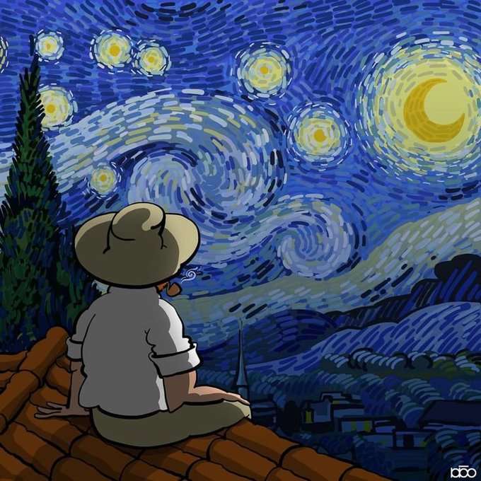 An artistic illustration depicting a person in a hat sitting on a rooftop at night, gazing at a swirling starry sky reminiscent of Van Gogh's 'Starry Night' style.