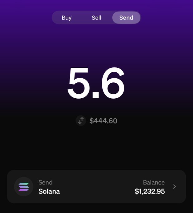 A cryptocurrency wallet app screenshot displays a balance of 5.6 (valued at $444.60), with a Solana holding of $1,232.95 and "Send" selected from the Buy/Sell/Send toggle, illustrating the user's claim of needing to transfer 5.6 SOL from their enterprise account.