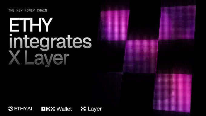 The image features an advertisement for Ethy AI's X Layer integration with Ethereum's network. The text "Ethy AI is going native on X Layer" suggests that Ethy is being integrated into the Ethereum Layer 2 network, while "starting with Ethy V2" indicates that the integration process has already begun. The post also mentions that every Ethy agent will ship with @OKX @wallet Onchain OS skills pre-built, which means that users can expect to receive a fully functional and natively integrated experience on their Ethereum devices once the integration is complete.