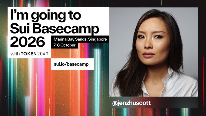 A promotional graphic announcing 'I'm going to Sui Basecamp 2026' at Marina Bay Sands, Singapore on 7-8 October with TOKEN 2049, featuring a photo of a woman and the handle '@jenzhuscott'.