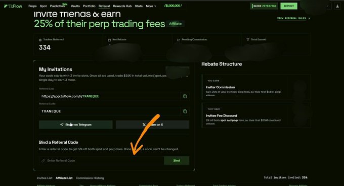 A screenshot of the T3Flow referral program dashboard shows an invitation page offering '25% of their perp trading fees' with an orange arrow pointing to the referral code input box.