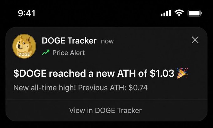 A push notification from "DOGE Tracker" alerts that "$DOGE reached a new ATH of $1.03 🎉 - New all-time high! Previous ATH: $0.74," matching the poster's desire to see $DOGE price milestone updates.