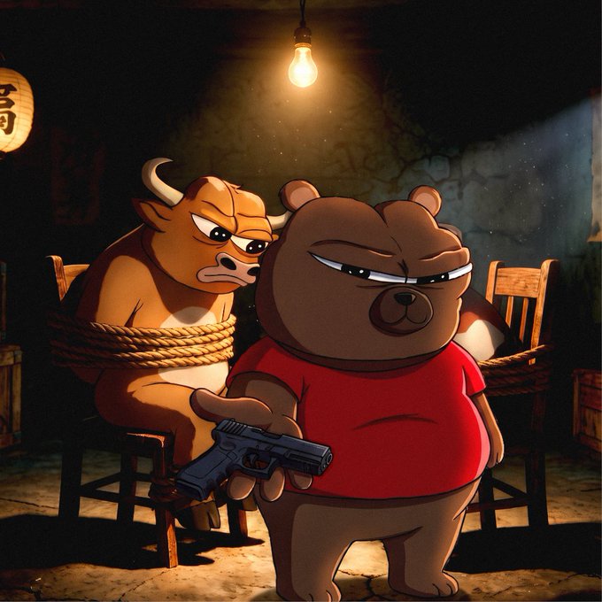 A bound bull and a stern bear in a red shirt hold a gun in a dimly lit room with a paper lantern showing Chinese characters, capturing the classic bull vs. bear crypto meme dynamic in $BOBO style.