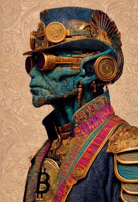 A detailed steampunk-style digital artwork of a humanoid figure in profile with intricate blue circuitry-like skin, ornate brass headgear with goggles, and colorful gold/pink/blue military-style attire, featuring a Bitcoin logo overlay on the chest.