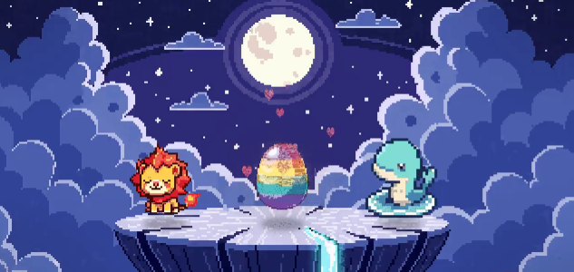 A pixel art scene featuring a lion and a dragon-like creature standing on a floating stone platform under a starry night sky with a full moon, watching a colorful egg between them.