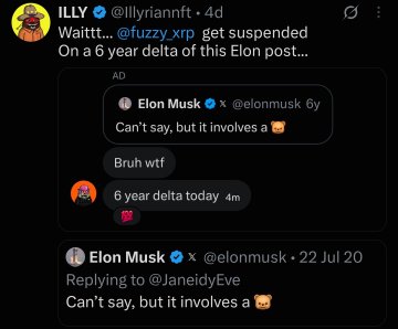 A screenshot of a tweet from ILLY (@Illyriannft) noting that @fuzzy_xrp got suspended on the 6 year anniversary of an Elon Musk post from July 20, 2020 that said "Can't say, but it involves a 🔥" (likely referring to the "fire" emoji). The image shows the suspended account's confused reactions ("Bruh wtf") alongside the original Elon Musk tweet.