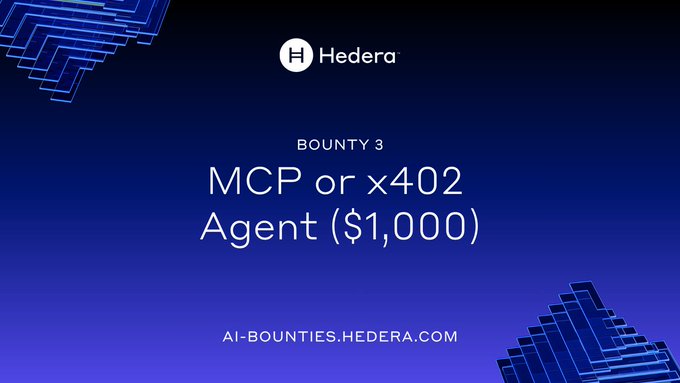 The image features a blue background with white text, which reads "Bounty 3 - Hedera AI Studio Agent Bounty Campaign! Build a Hedera commerce agent that abstracts away blockchain complexity for end users." The text also includes an image of a pyramid and the words "AI" and "Hedera".