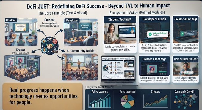 An infographic titled "DeFiJUST: Redefining DeFi Success - Beyond TVL to Human Impact" illustrates the concept through four ecosystem modules—Student Spotlight, Developer Launch, Creator Asset Mgmt, and Community Builder—featuring individuals like "Maria L." (completed a course), "David K." (launched a DeFi app with 500 users), "Sofia R." (discovered token management), and "Kenji T." (understanding and participating), with bottom metrics showing Active Learners, Apps Launched, Creators, and Community Growth, alongside the tagline "Real progress happens when technology creates opportunities for people."