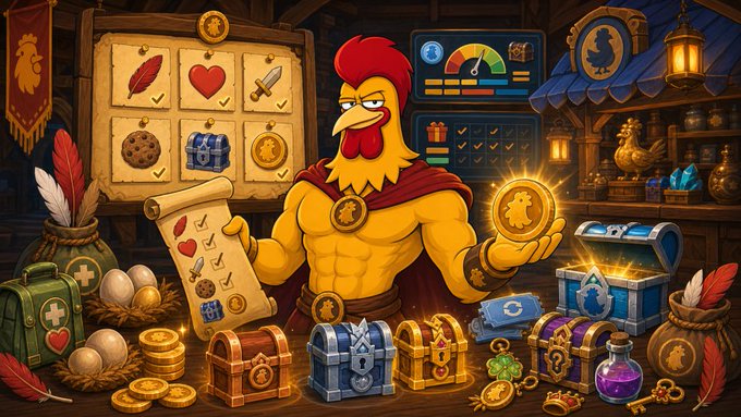The image shows a muscular rooster character in a fantasy game setting, surrounded by various loot items including chests, coins, eggs, and treasure, with a checklist showing completed objectives (feather, heart, sword, cookie, chest, coin).

The rooster mascot and Filipino web3 gaming loot imagery visually complement the post celebrating the team's disciplined approach to their RON mint by not raising funds, executing on roadmap, and reinvesting rather than auto-selling—reinforcing the theme of a hardworking gaming team "still building" through challenges.