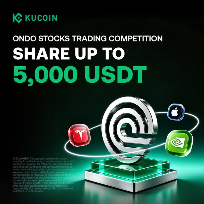 A KuCoin promotional banner for the "ONDO Stocks Trading Competition," offering a share of up to 5,000 USDT, featuring a glowing 3D "e" logo on a pedestal surrounded by Tesla, Apple, and NVIDIA icons to represent tokenized stocks trading.