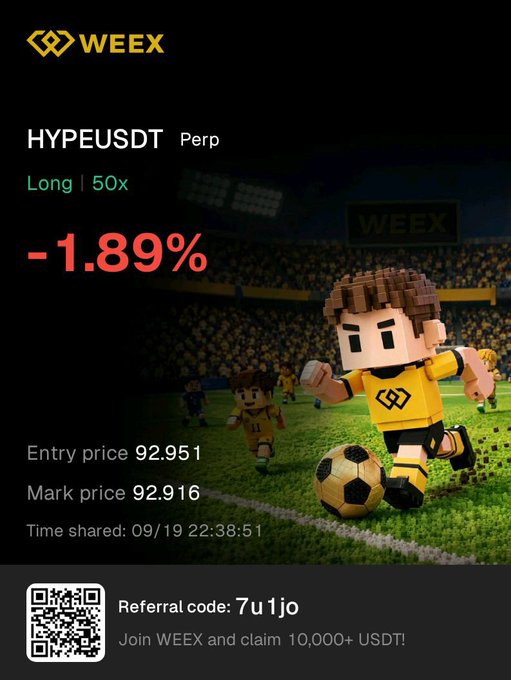A promotional graphic for WEEX shows a trading position for HYPEUSDT Perp Long 50x at -1.89%, with entry price 92.951 and mark price 92.916, featuring a pixelated character playing soccer and a referral code '7u1jo'.