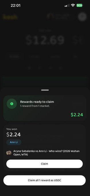 A mobile screen showing a prediction app payout notification for winning $2.24 on the market 'Aryna Sabalenka vs Ann Li - Who wins? (2026 Wuhan Open, WTA)' with $2.24 ready to claim.