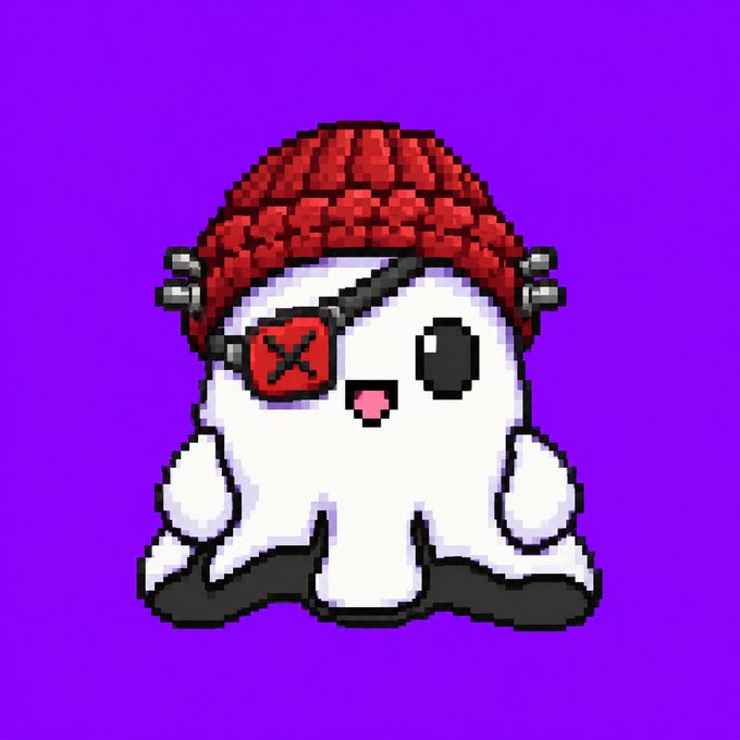 A pixel art illustration shows a cute white ghost character wearing a red knit beanie with skull motifs and a red eyepatch marked with an "X," fitting the Halloween theme of the post. The purple background enhances the spooky-yet-adorable aesthetic, making it a fitting seasonal design.