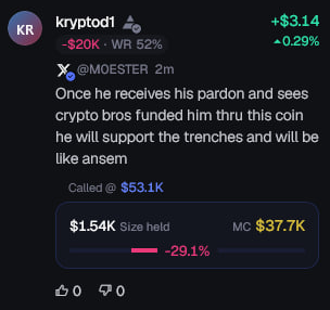 A screenshot of a social media post about a crypto token called 'kryptod1' showing it up 3.14% with text describing someone receiving pardon and seeing crypto bros funding him, displaying market cap of $37.7K.