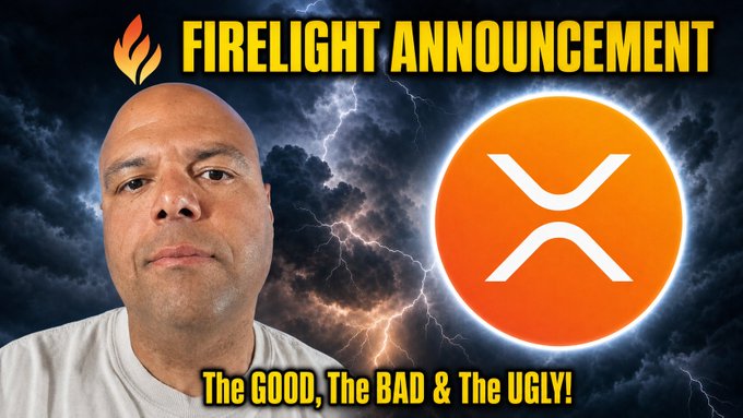 A YouTube-style thumbnail showing a man's face with the text "FIRELIGHT ANNOUNCEMENT" and "The GOOD, The BAD & The UGLY!" next to an orange XRP logo, set against a stormy sky background.