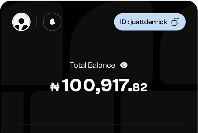 A dark-themed digital dashboard displays a profile section for user "justtderrick" with a Total Balance of ₦100,917.82, shown as proof of funds to support a ₦100K giveaway contest requiring participants to follow JusttDerrick and JeffVerseX on social media.