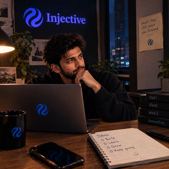 A bearded man works on a laptop branded with the "Injective" logo in a dark office setting, with a notebook listing "Build, Learn, Grow, Keep going" and books labeled "DeFi, RWA, Web3, Innovation" nearby.
