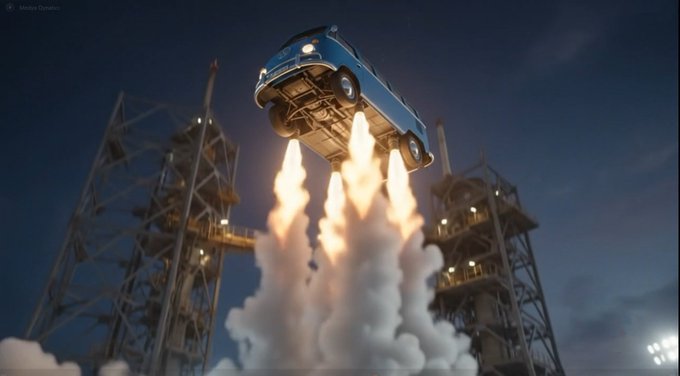 The image features a blue car that has just taken off from an airplane, with its wheels still attached. The car is flying through the air, leaving behind a trail of smoke as it ascends into space. In the background, there are two large buildings, possibly a rocket launch pad or a hangar where the airplane was stored before takeoff. The image also contains text that reads "Some things happen all of a sudden. The fuel is ready, the crew is prepared. We’ve begun our launch with $CABV. Those who stand still get left behind; true captains reach for the stars."