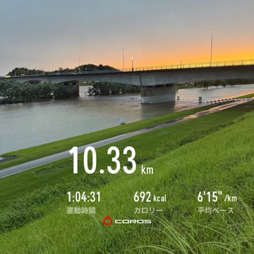 The image shows a bridge over water with a clock displaying the time of 10:33. The clock's position indicates that it has been taken at dusk, as indicated by the sunset in the background. The photo also includes text that reads "台風一過ラン、雨はやんだものの強風、橋の上では風が舞ってあるつも走る河川敷は川に飲み込まれてたまあいつものことか #台風一過 #ランニング #強風". The image is related to the post because it features a clock and a bridge, both of which are part of the content displayed in the caption.