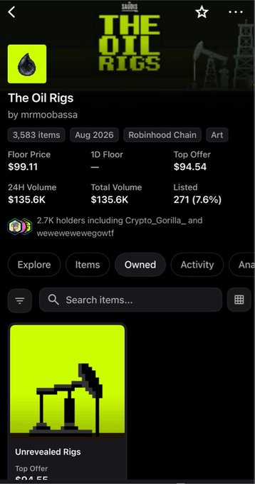 A mobile app interface for 'The Oil Rigs' by mrmoobassa, showing 3,583 items, a Floor Price of $99.11, and a 24H Volume of $135.6K, with a pixelated oil rig icon on a yellow-green background.