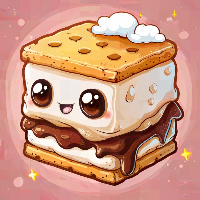 A cute kawaii-style illustration of a smiling s'more dessert character with large expressive eyes, topped with little white clouds and set against a pink sparkly background.