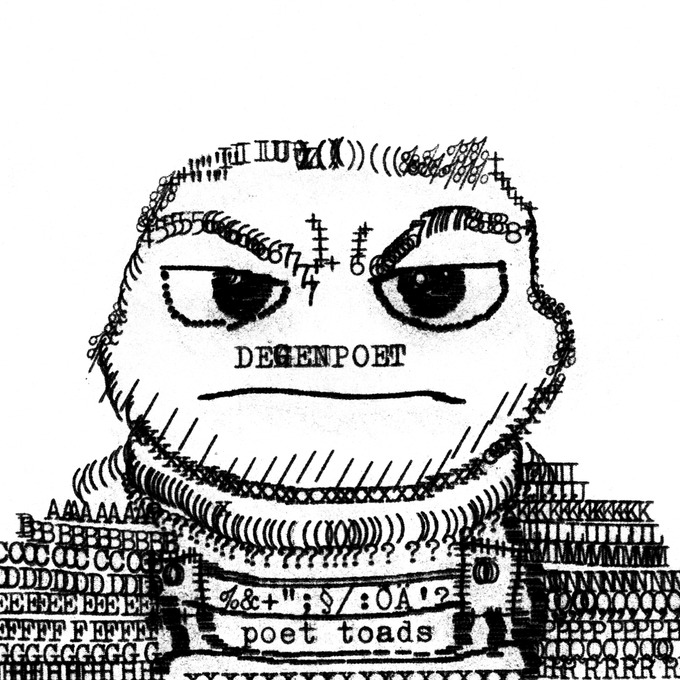 A black and white ASCII art image depicting a frowning frog face with the words 'DEGENPOET' across its mouth and 'poet toads' below.