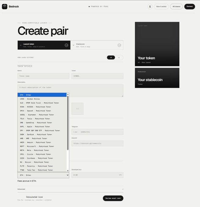 The image shows the "Create pair" interface on a Bedrock platform, where users can launch a token paired with a stablecoin, with the launch token dropdown displaying various RWA (Real World Asset) options like AERO, GLD, NVDA, SPCX, and GOOGL alongside their ticker symbols. This directly supports the post's announcement about RWA pairs being added, enabling users to create memecoins paired with RWA-backed stablecoins powered by PONS.
