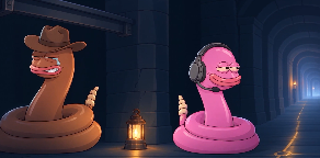 A digital illustration of two cartoon worms—one wearing a cowboy hat and one wearing headphones—standing in a dark, blue-lit stone corridor.