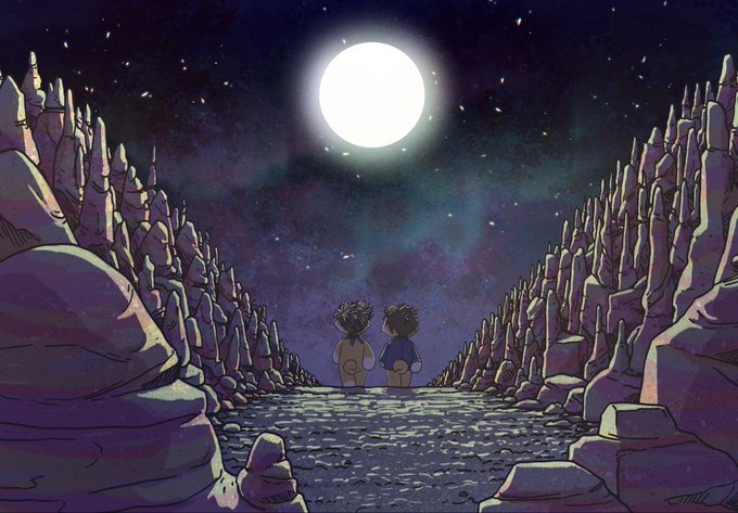 Two figures walk side by side down a rocky path between towering stone formations, gazing up at a luminous full moon in a star-filled night sky—embodying the sentiment of moving "Forward. Further. Together."