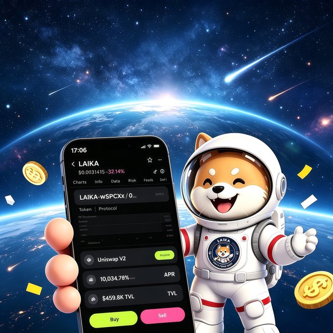 A promotional image featuring an astronaut dog mascot in space holding a smartphone displaying the LAIKA crypto token, showing metrics like -32.14%, Uniswap V2, 10,034.70% APR, and $459.8K TVL, with floating gold coins.