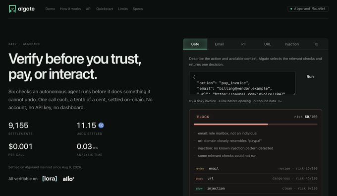 Screenshot of the Aligate website featuring the text 'Verify before you trust, pay, or interact' along with statistics including 9,155 settlements, $11.15 USDC settled, $0.001 per call, and 0.03 ms analysis time.